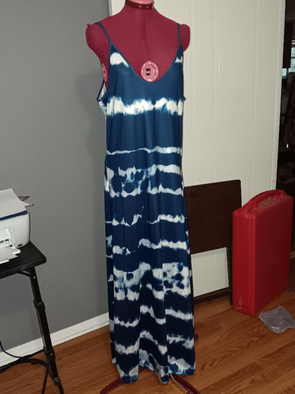 MISSLOOK Tie Dye Maxi Dress Size M Navy Blue White Spaghetti Strap Boho Summer